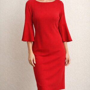 Calvin Klein Womens Sheath Dress 10 Red ¾ Bell Sleeve Round Neck Stretch NWT